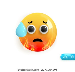 Emoji face fever with sweat. Emotion Realistic 3d Render. Icon Smile Emoji. Vector yellow glossy emoticons.