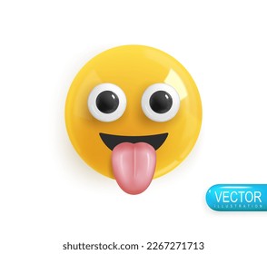 La cara de Emoji divertida muestra la lengua. Emoción Realista 3d Render. Icono Sonríe Emoji. Emoticonos brillantes amarillos vectoriales.