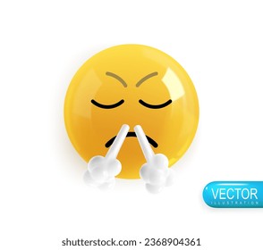 Emoji face gets angry and exhales a lot of air. Realistic 3d design. Emoticon yellow glossy color. Icon in plastic cartoon style isolated on white background. Vector illustration