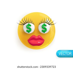 Emoji face of a girl with a dollar sign in her eyes. Realistic 3d design. Emoticon yellow glossy color. Icon in plastic cartoon style isolated on white background. Vector illustration
