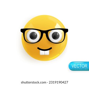 Cara emmoji con gafas. Emoción Realista 3d Render. Icono Sonríe Emoji. Emoticonos brillantes amarillos vectoriales.