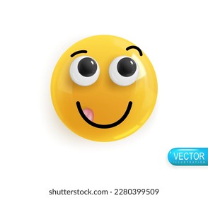 Emoji face happy and licking. Realistic 3d Icon. Render of yellow glossy color emoji in plastic cartoon style isolated on white background. Vector illustration