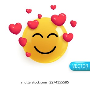 Emoji face happy lover. Emotion Realistic 3d Render. Icon Smile Emoji. Vector yellow glossy emoticons.