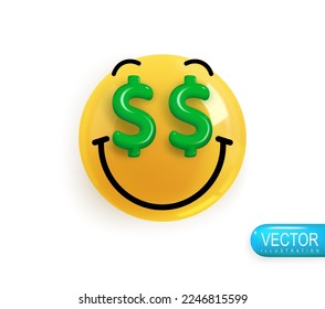 Emoji face happy from money. Realistic 3d Icon. Render of yellow glossy color emoji in plastic cartoon style isolated on white background. Vector illustration