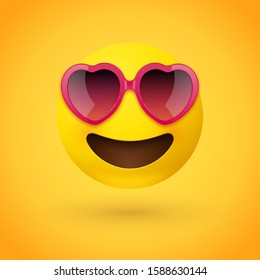 Emoji face with heart shaped pink sunglasses and a broad open smile on yellow background