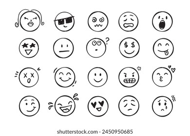 Emoji Gesicht Icon Doodle Set. Gesichter mit unterschiedlicher emotionaler Stimmung. Handgezeichneter Comic-Stil. . Vektorillustration