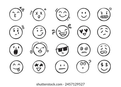 Emoji Gesicht Icon Doodle Set. Gesichter mit unterschiedlicher emotionaler Stimmung. Handgezeichneter Comic-Stil. . Vektorillustration