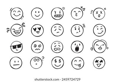 Emoji face icon doodle set. Faces with different emotion mood. Hand drawn comic sketch style. . Vector illustration