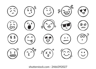 Emoji face icon doodle set. Faces with different emotion mood. Hand drawn comic sketch style. . Vector illustration