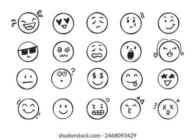 Conjunto de doodle de iconos de cara de emoticonos. Caras con sentimiento emocional diferente. Dibujado a mano estilo de dibujo cómico. No. Ilustración vectorial