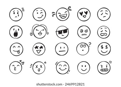 Emoji face icon doodle set. Faces with different emotion mood. Hand drawn comic sketch style. . Vector illustration