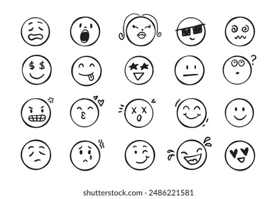 Emoji face icon doodle set. Faces with different emotion mood. Hand drawn comic sketch style. . Vector illustration