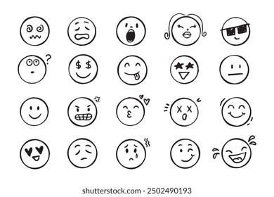 Emoji face icon doodle set. Faces with different emotion mood. Hand drawn comic sketch style. . Vector illustration