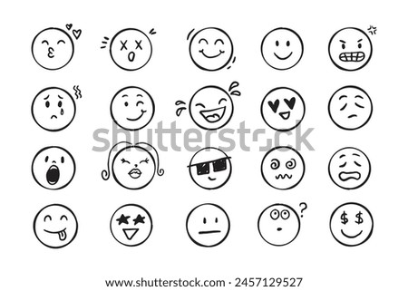 Emoji face icon doodle set. Faces with different emotion mood. Hand drawn comic sketch style. . Vector illustration