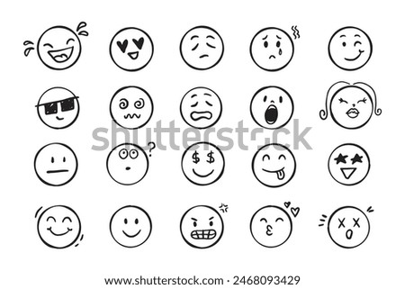 Emoji face icon doodle set. Faces with different emotion mood. Hand drawn comic sketch style. . Vector illustration