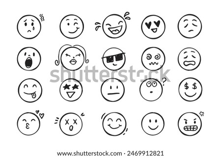 Emoji face icon doodle set. Faces with different emotion mood. Hand drawn comic sketch style. . Vector illustration