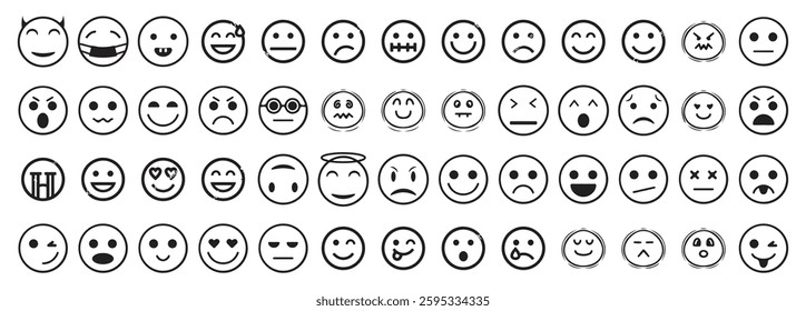 Emoji face icon in high-quality hand drawn style. Emoticons vector illustration on isolated background. Happy and sad face business emojis concept.