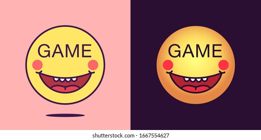Emoji face icon with phrase Game. Gambling emoticon with text Game. Set of cartoon faces, emotion icon for social media communication, gamer sticker and sign for print. Vector illustration