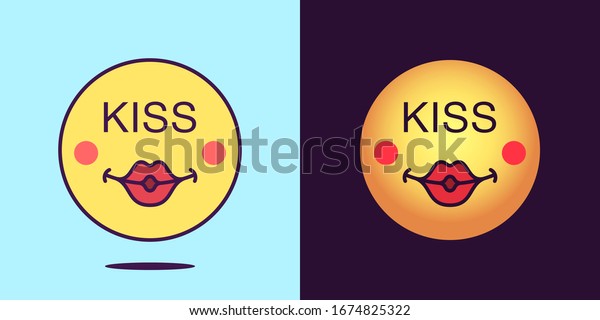 キスという語句の絵文字のアイコン 唇とテキストキスを持つセクシーな絵文字 漫画の顔のセット ソーシャルメディアコミュニケーション用の感情アイコン 魅力的なステッカー 印刷用のサイン ベクターイラスト のベクター画像素材 ロイヤリティフリー