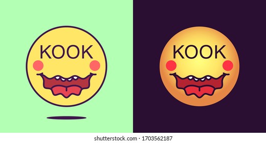 Emoji face icon with phrase Kook. Mad emoticon with text Kook. Set of cartoon faces, emotion icon for social media communication, crazy sticker and sign for print. Vector illustration