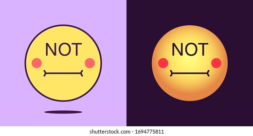 Emoji face icon with phrase Not. Pessimistic emoticon with text Not. Set of cartoon faces, emotion icon for social media communication, negative sticker and sign for print. Vector illustration