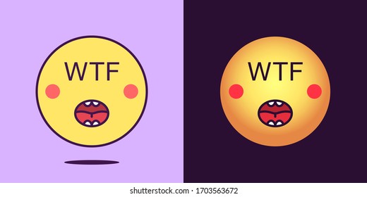 Emoji face icon with phrase WTF. Irritated emoticon with text WTF. Set of cartoon faces, emotion icon for social media communication, indignant sticker and sign for print. Vector illustration