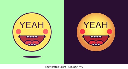 Emoji face icon with phrase Yeah. Emoticon with text Yeah. Set of cartoon faces, emotion icon for social media communication, funny sticker and good sign for print. Vector illustration