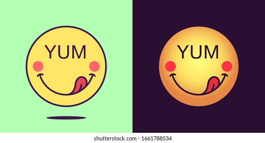 Emoji face icon with phrase Yum. Enjoyable emoticon with tongue and text Yum. Set of cartoon faces, emotion icon for social media communication, yummy sticker and sign for print. Vector illustration