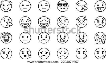Emoji face icon set, black outline vector illustrations for emotion expression, mood tracking, communication design, and character reaction content use