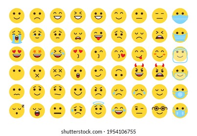 Emoji face icon set. Different type flat emoticon smile collection. Mood or facial emotion symbol. Faces expressing laugh, joyful, sad, angry. Emoticons in mask. Isolated on white vector illustration