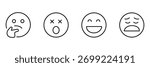 Emoji face icon set, expression emotion, minimal outline smiley vector illustration, mood avatar design.