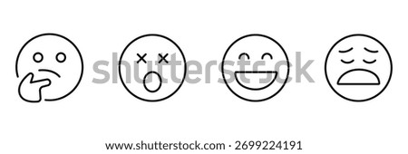 Emoji face icon set, expression emotion, minimal outline smiley vector illustration, mood avatar design.