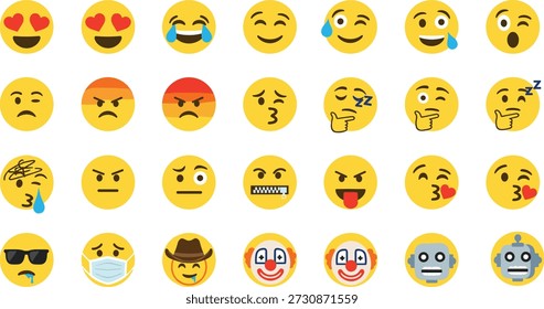 Conjunto de iconos de cara de emoji con emoticonos de dibujos animados amarillos con diversas expresiones, símbolos de redes sociales y avatares de personajes divertidos.