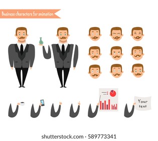 Emoji face icons. Boy character for scenes. Parts of body template for animation. Funny office man cartoon. Vector illustration isolated on white background.Business Elements for web design 