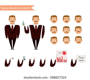 Emoji face icons.Boy character for scenes. Parts of body template for animation. Funny office man cartoon.Vector illustration isolated on white background. Business Elements for web design