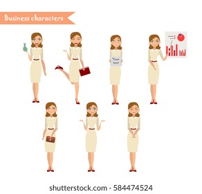 Emoji face icons. Girl character for scenes. Funny office woman cartoon. Vector illustration isolated on white background. Business Elements for web design