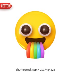 Emoji face joyful happy spews a rainbow from the mouth. Emoticon yellow glossy color. Realistic 3d design In plastic cartoon style. Icon isolated on white background. Vector illustration