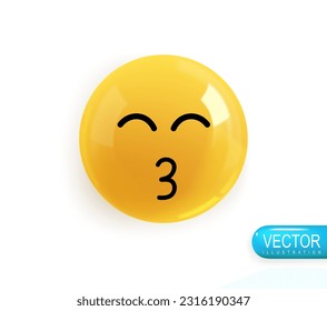 Emoji face kiss. Realistic 3d design. Emoticon yellow glossy color. Icon in plastic cartoon style isolated on white background. Vector illustration