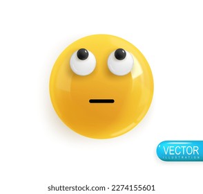 Emoji face looking up. Realistic 3d Icon. Render of yellow glossy color emoji in plastic cartoon style isolated on white background. Vector illustration