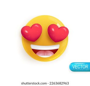 Emoji enfrenta a su amante con los corazones en los ojos. Diseño 3d realista. Color brillante amarillo emoticono. Icono en el estilo de caricatura de plástico aislado en fondo blanco. Ilustración del vector