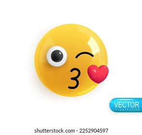 Emoji face lover sends a kiss and winks. Realistic 3d Icon. Render of yellow glossy color emoji in plastic cartoon style isolated on white background. Vector illustration