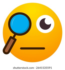 Emoji face with magnifying glass. Expression of investigating, observing, examining, curious, or analyzing