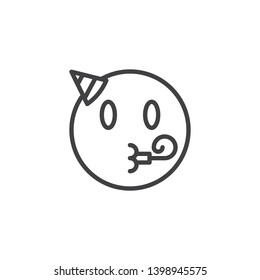 Emoji face with party blower and hat line icon. linear style sign for mobile concept and web design. Party face emoticon outline vector icon. Symbol, logo illustration. Vector graphics