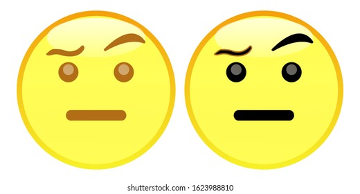 Emoji Face With Raised Eyebrow. A yellow face with a flat, neutral mouth and furrowed eyebrows, its left raised higher than its right. Conveys a wide variety of sentiments, including suspicion.