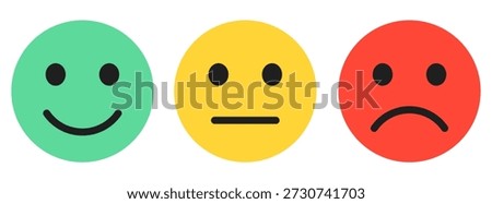 Emoji face reactions set, customer satisfaction scale isolated on white background. Simple vector illustration of facial expressions, feedback form elements for clients, students, patients etc. Green smiling emogi, red sad emoticon and yellow neutral reaction. Use in voting poll, opinion survey, quiz, questionnaire. Please give us feedback and rate your experience. 