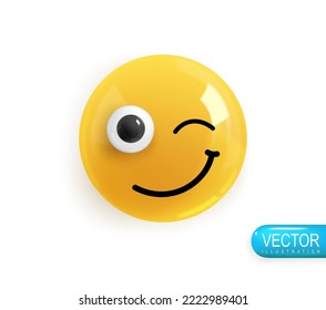 Emoji face. Realistic 3d design. Emoticon yellow glossy color. Icon in plastic cartoon style