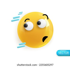 Emoji face running away fast. Realistic 3d Icon. Render of yellow glossy color emoji in plastic cartoon style isolated on white background. Vector illustration