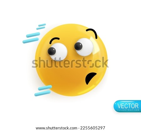 Emoji face running away fast. Realistic 3d Icon. Render of yellow glossy color emoji in plastic cartoon style isolated on white background. Vector illustration