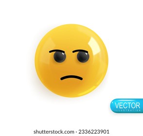 Emoji face sad and frowning. Realistic 3d Icon. Render of yellow glossy color emoji in plastic cartoon style isolated on white background. Vector illustration
