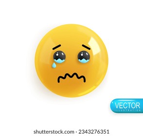 Emoji face sad with tears in your eyes. Realistic 3d Icon. Render of yellow glossy color emoji in plastic cartoon style isolated on white background. Vector illustration